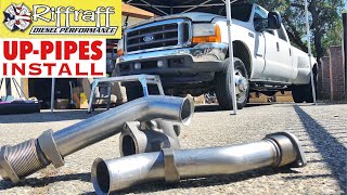 2001 F350 73  RiffRaff UpPipes Install  Stock up pipes leaking and falling apart JUNK SP [upl. by Gifford]